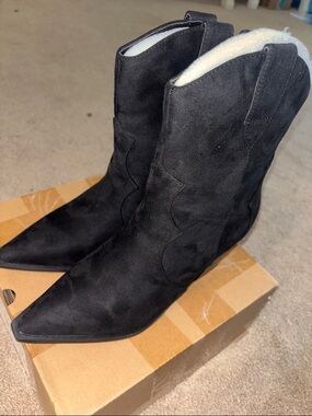 Black Suede Pointed-Toe Western Ankle Boots